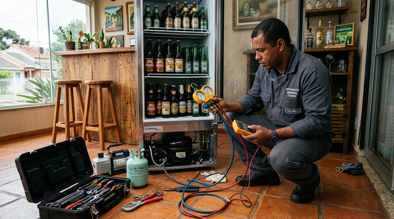Profissional executando reparo no motor de cervejeira em São José dos Campos‑SP