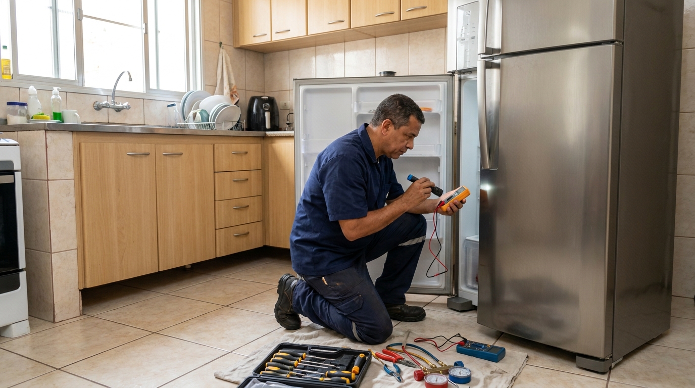 Técnico aplicando recarga de gás refrigerante em geladeira em São José dos Campos‑SP